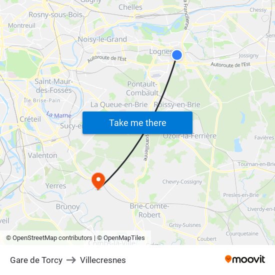 Gare de Torcy to Villecresnes map
