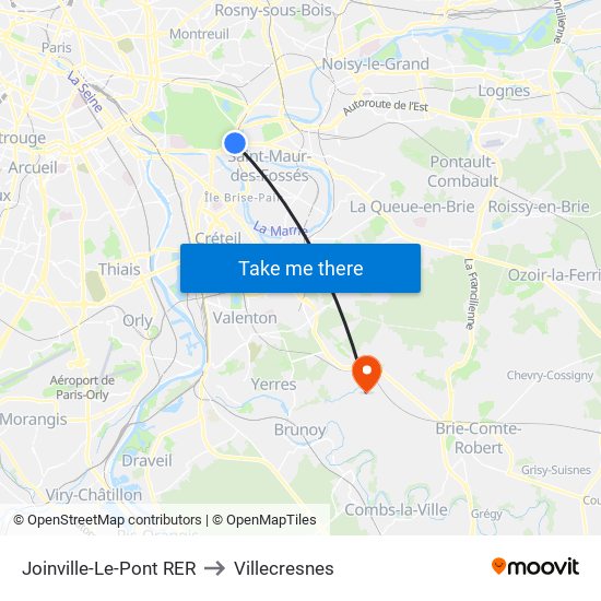 Joinville-Le-Pont RER to Villecresnes map