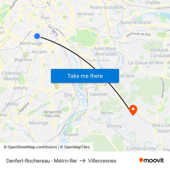 Denfert-Rochereau - Métro-Rer to Villecresnes map