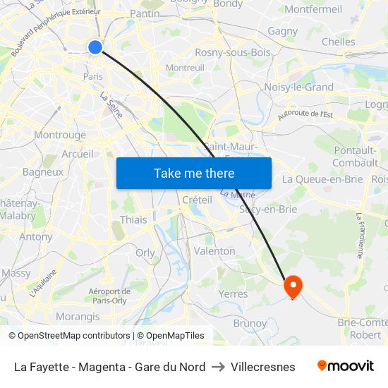 La Fayette - Magenta - Gare du Nord to Villecresnes map
