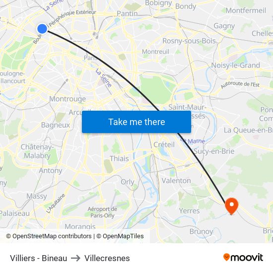 Villiers - Bineau to Villecresnes map