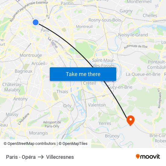 Paris - Opéra to Villecresnes map