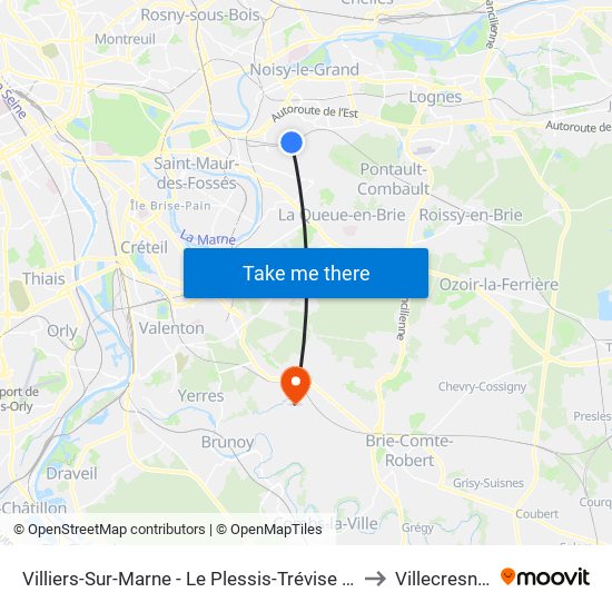 Villiers-Sur-Marne - Le Plessis-Trévise RER to Villecresnes map