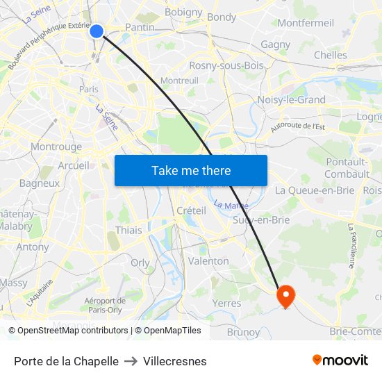 Porte de la Chapelle to Villecresnes map