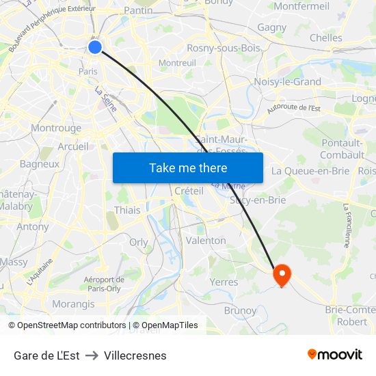 Gare de L'Est to Villecresnes map