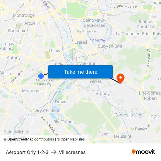 Aéroport Orly 1-2-3 to Villecresnes map