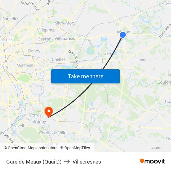 Gare de Meaux (Quai D) to Villecresnes map