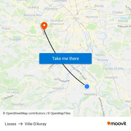 Lisses to Ville-D'Avray map