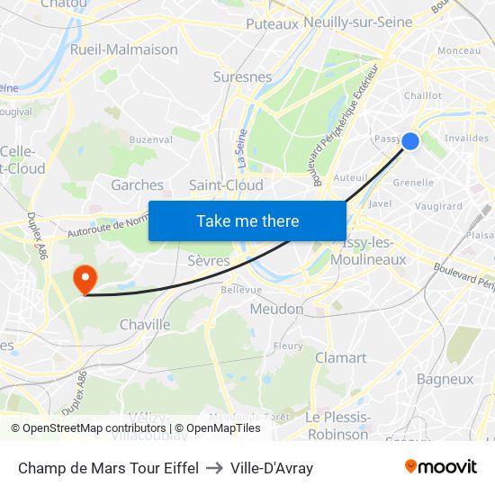 Champ de Mars Tour Eiffel to Ville-D'Avray map