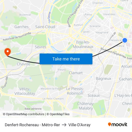 Denfert-Rochereau - Métro-Rer to Ville-D'Avray map