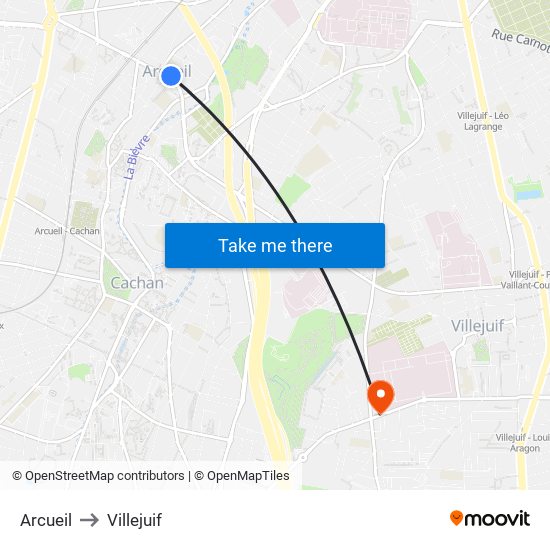 Arcueil to Villejuif map