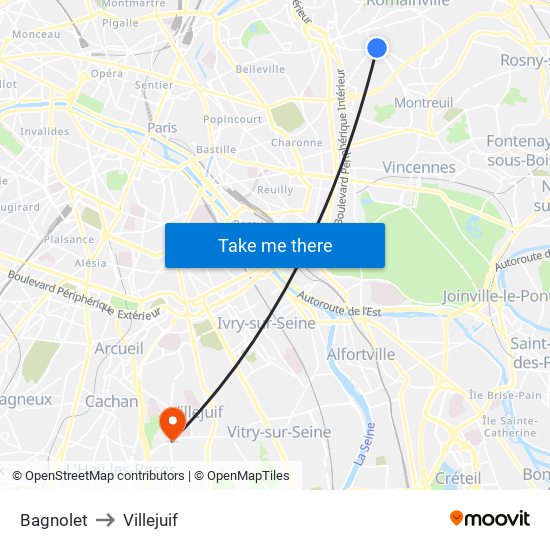 Bagnolet to Villejuif map