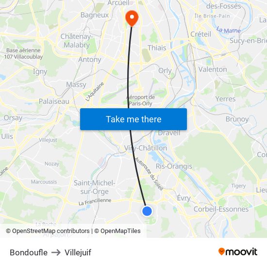 Bondoufle to Villejuif map