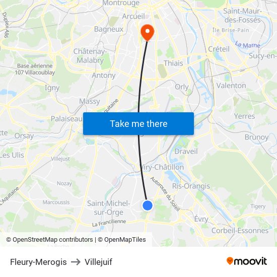 Fleury-Merogis to Villejuif map