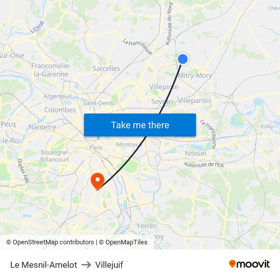 Le Mesnil-Amelot to Villejuif map