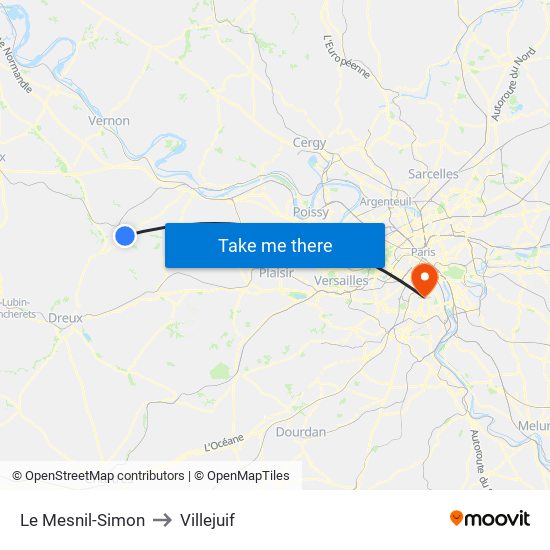 Le Mesnil-Simon to Villejuif map