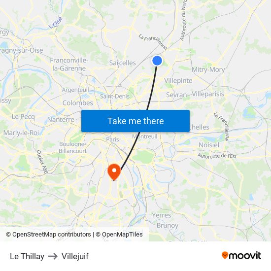 Le Thillay to Villejuif map