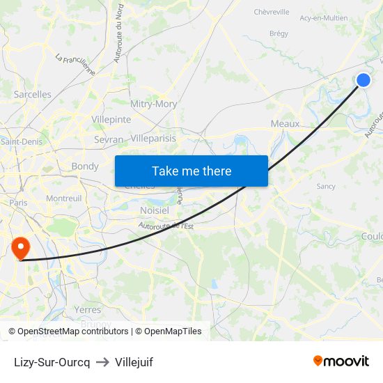 Lizy-Sur-Ourcq to Villejuif map