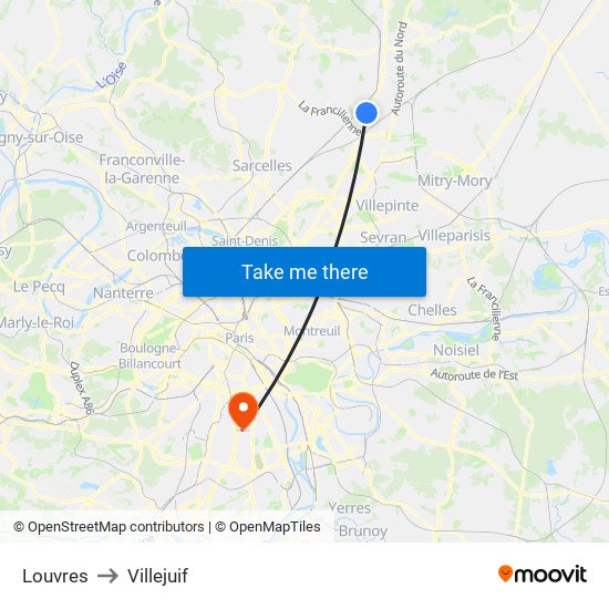 Louvres to Villejuif map