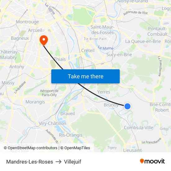 Mandres-Les-Roses to Villejuif map
