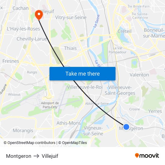 Montgeron to Villejuif map