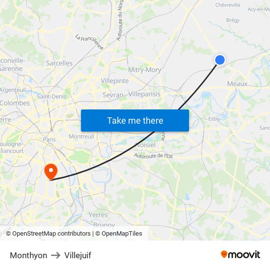 Monthyon to Villejuif map