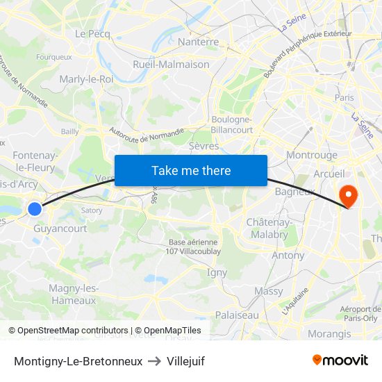 Montigny-Le-Bretonneux to Villejuif map
