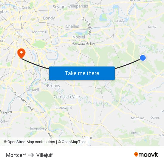 Mortcerf to Villejuif map