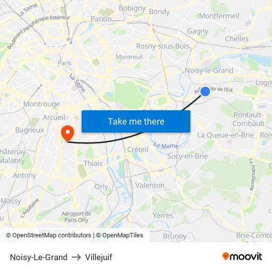 Noisy-Le-Grand to Villejuif map