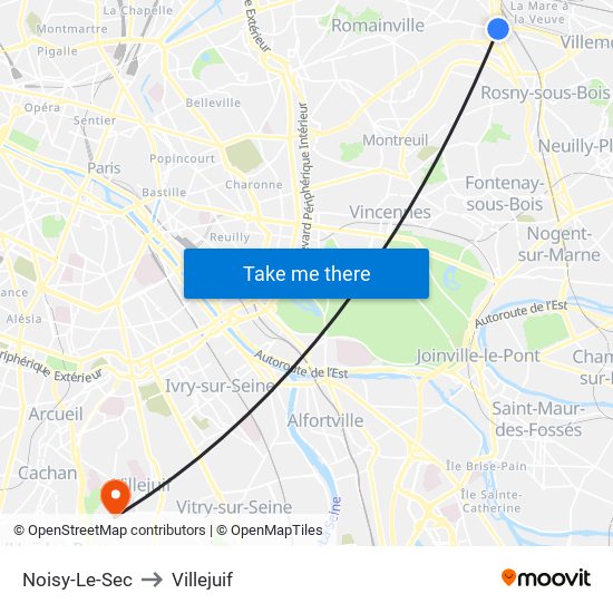 Noisy-Le-Sec to Villejuif map