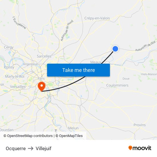 Ocquerre to Villejuif map