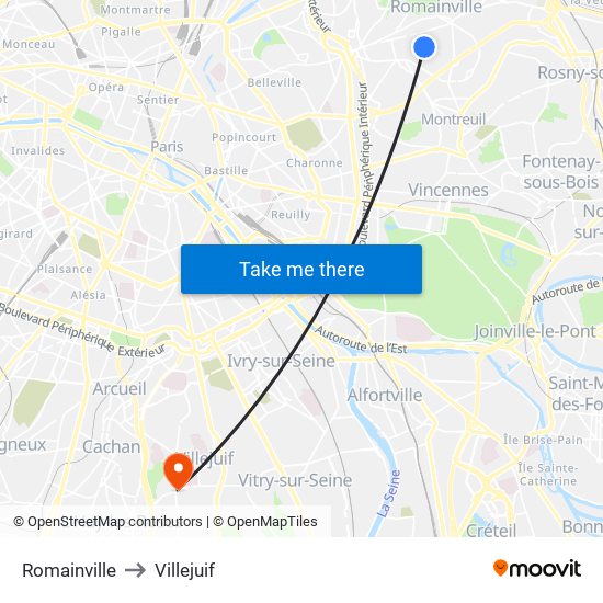 Romainville to Villejuif map