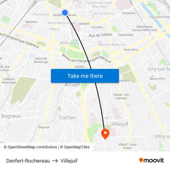 Denfert-Rochereau to Villejuif map