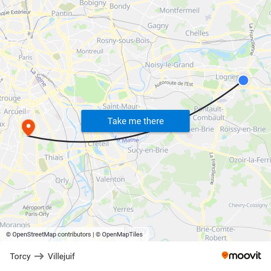 Torcy to Villejuif map