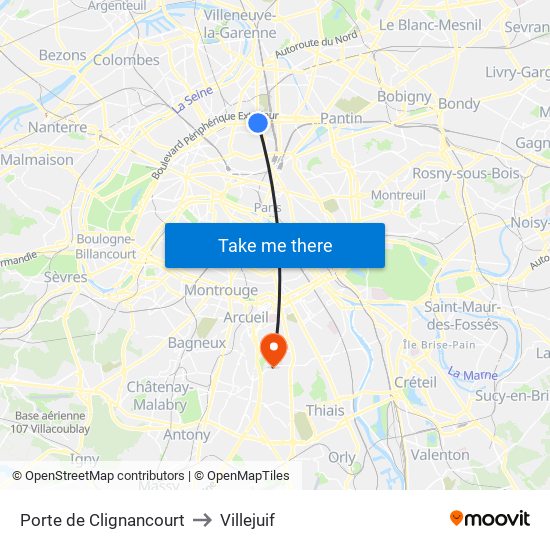 Porte de Clignancourt to Villejuif map