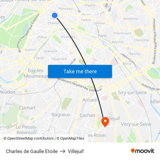 Charles de Gaulle Etoile to Villejuif map