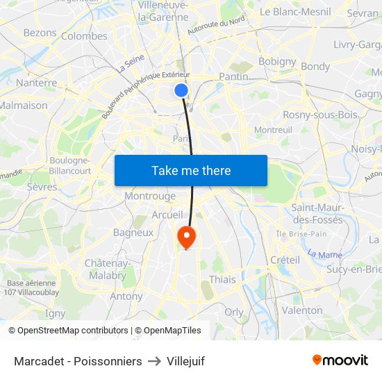 Marcadet - Poissonniers to Villejuif map