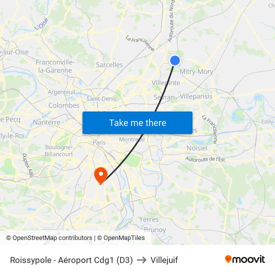 Roissypole - Aéroport Cdg1 (D3) to Villejuif map