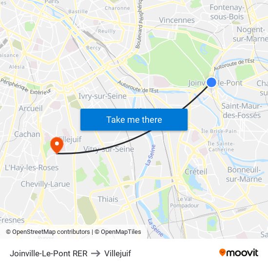 Joinville-Le-Pont RER to Villejuif map