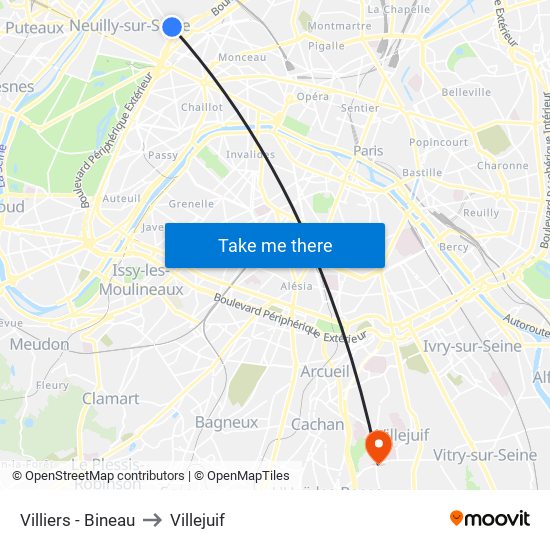 Villiers - Bineau to Villejuif map