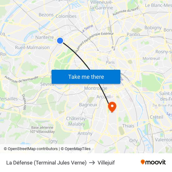 La Défense (Terminal Jules Verne) to Villejuif map