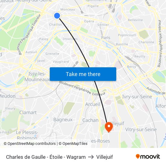 Charles de Gaulle - Étoile - Wagram to Villejuif map