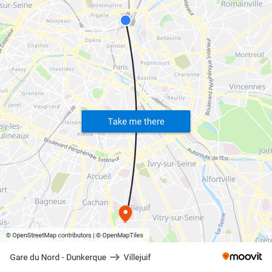 Gare du Nord - Dunkerque to Villejuif map