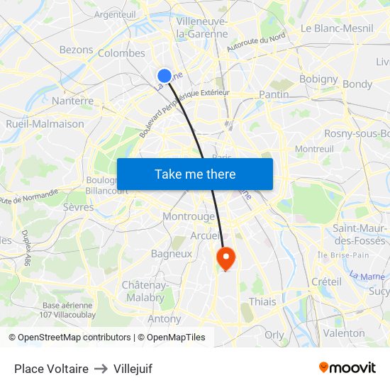 Place Voltaire to Villejuif map