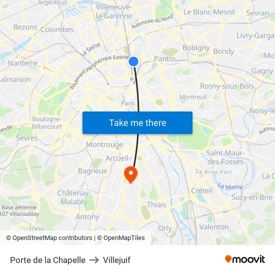 Porte de la Chapelle to Villejuif map