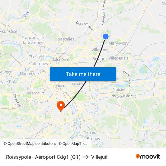 Roissypole - Aéroport Cdg1 (G1) to Villejuif map