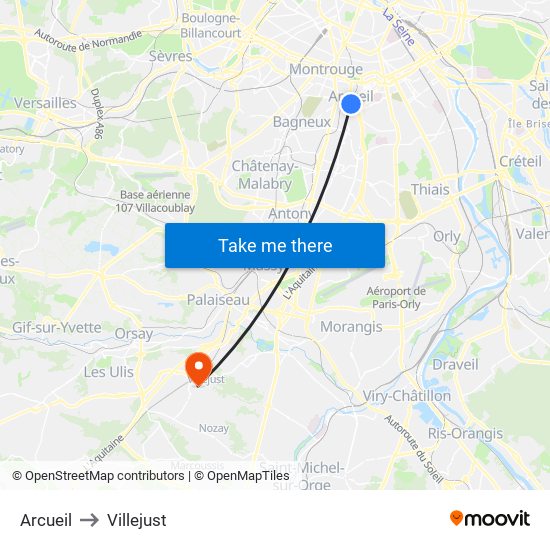 Arcueil to Villejust map