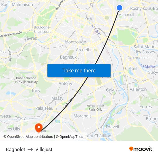 Bagnolet to Villejust map