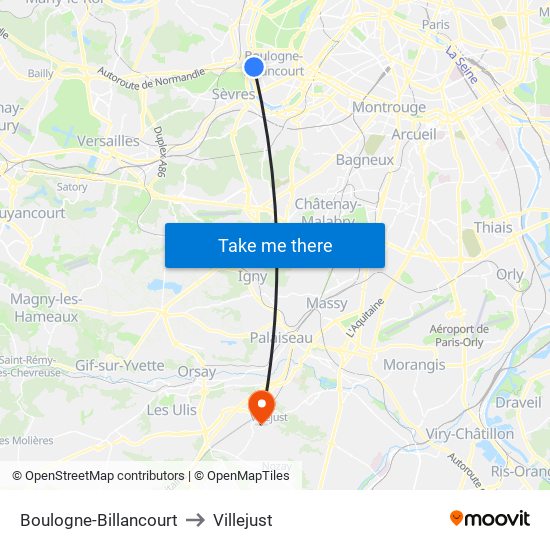 Boulogne-Billancourt to Villejust map