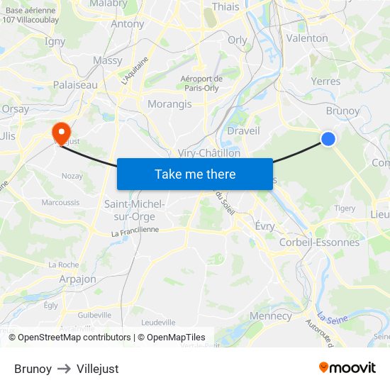 Brunoy to Villejust map